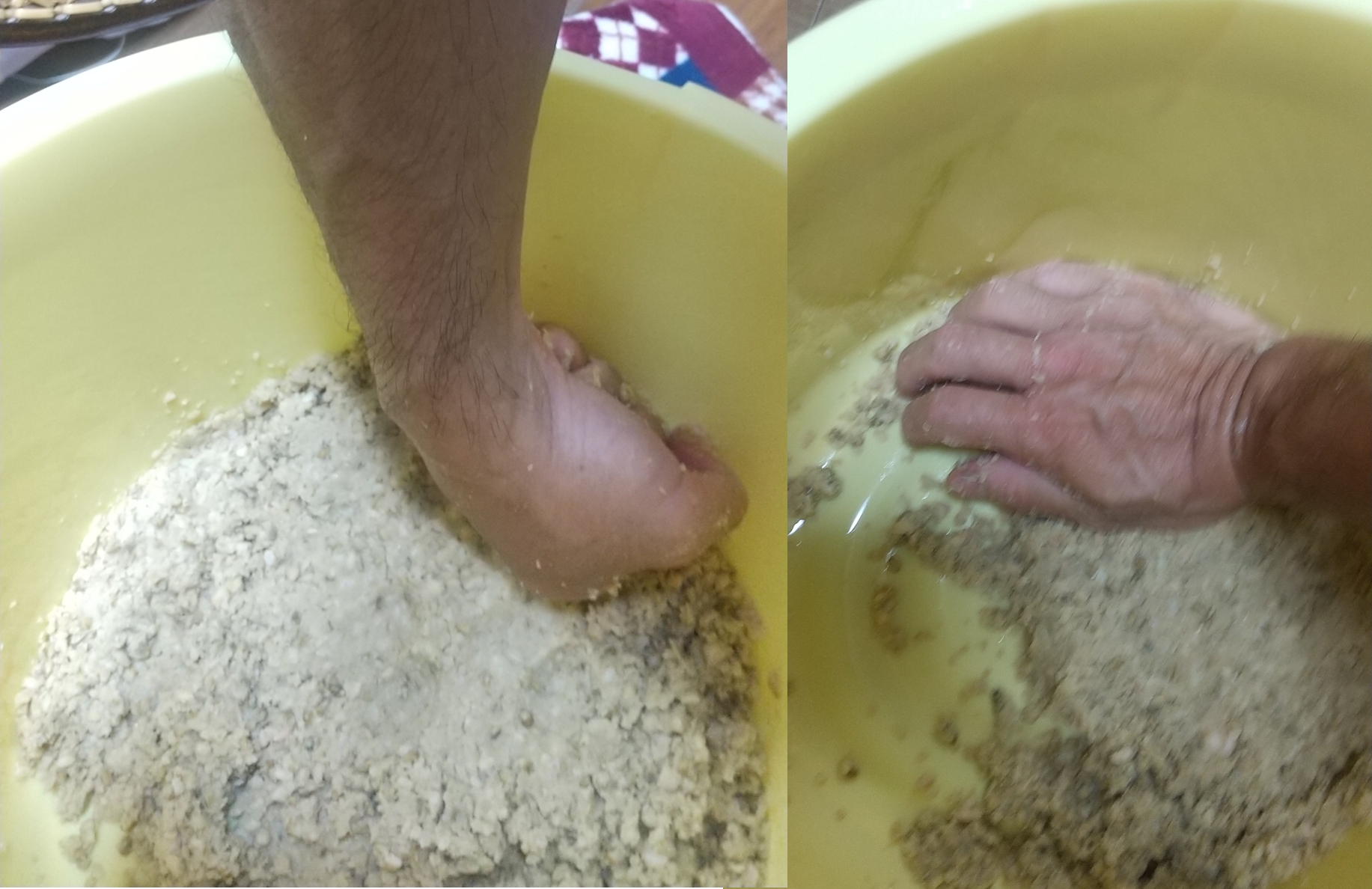 こぶし、手のひらでおしつけていく