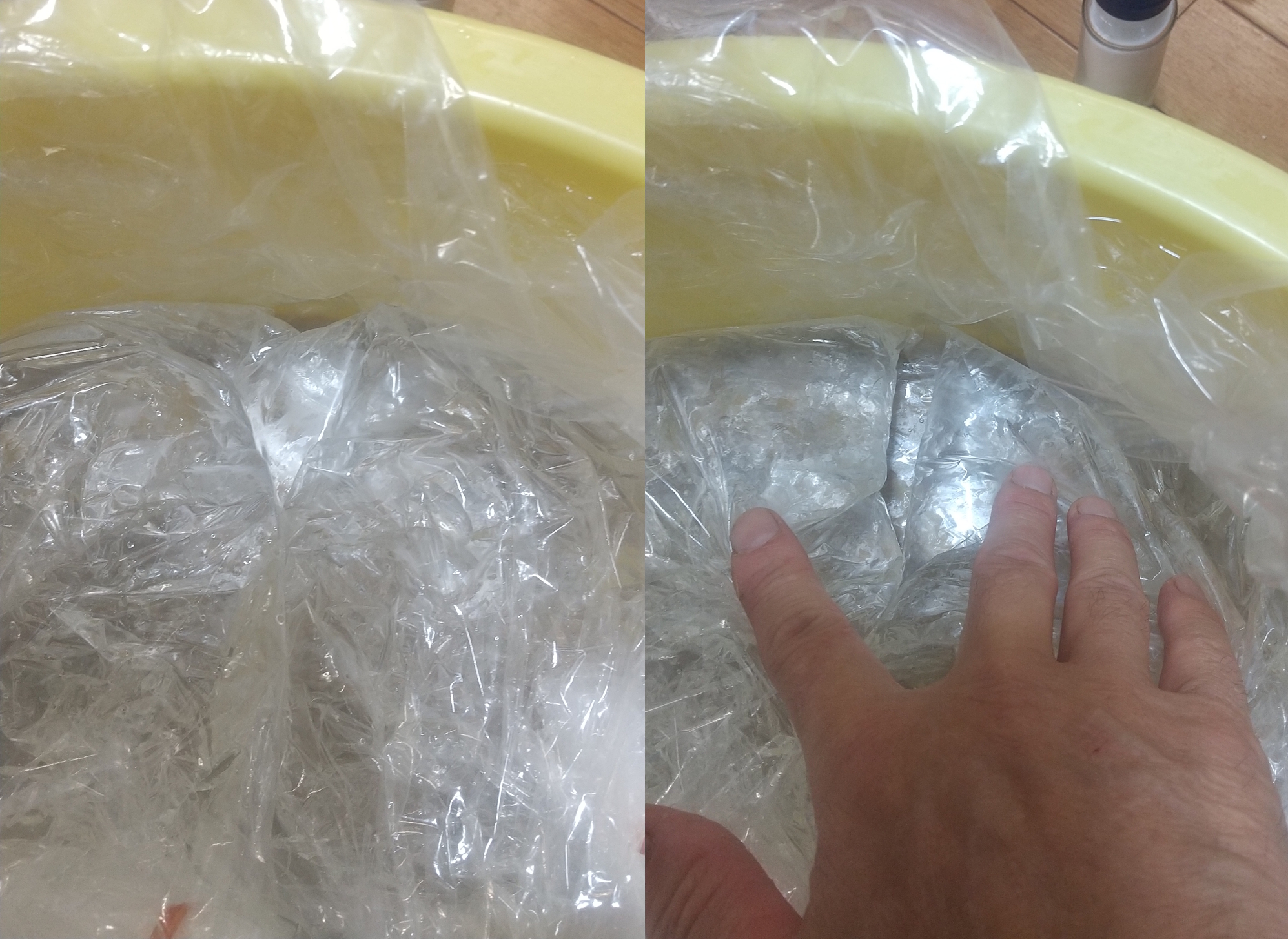 水袋の端をぴたっと合わせる