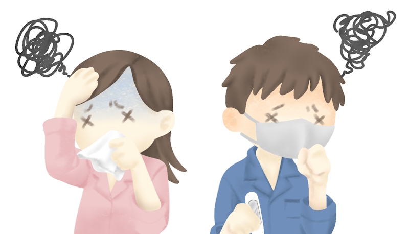 マスクをしてしんどそうにしている人のイラスト